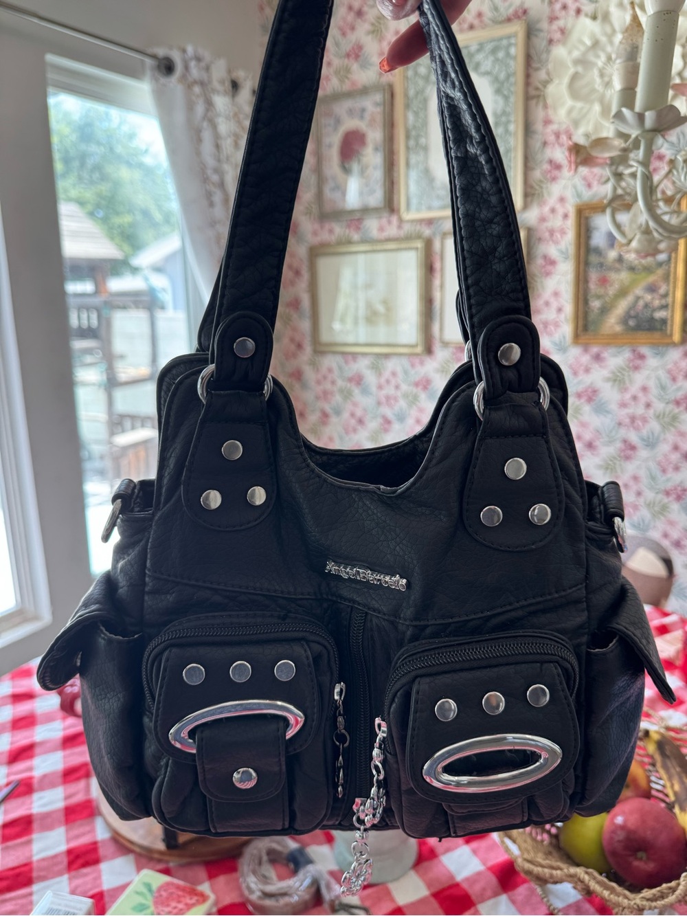 Black Studded Shoulder Bag with Front Pockets